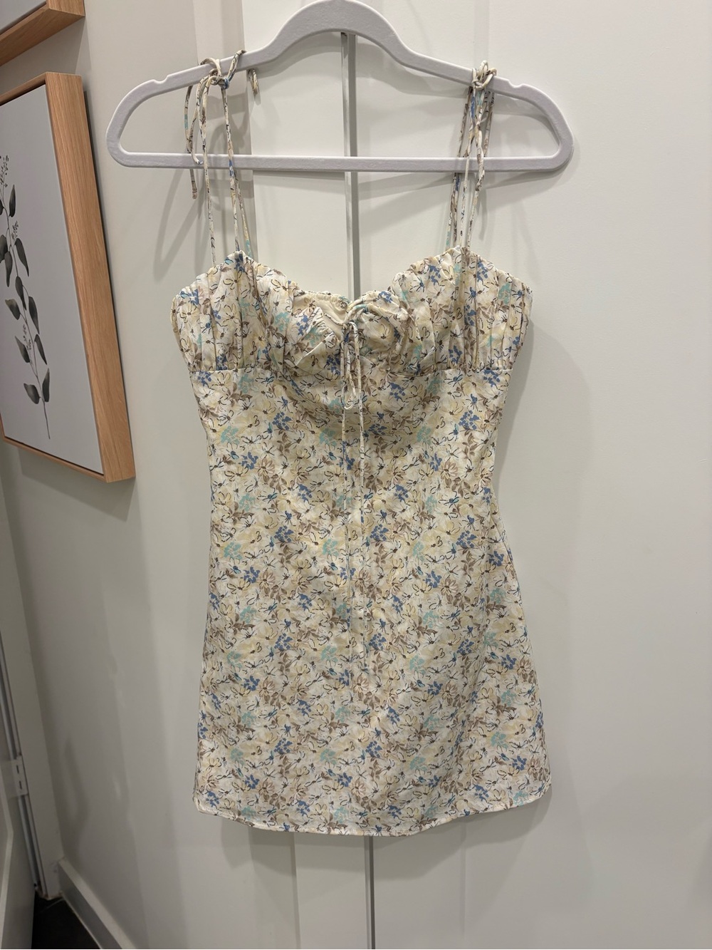 Tie-Shoulder Floral Mini Dress in Cream and Blue